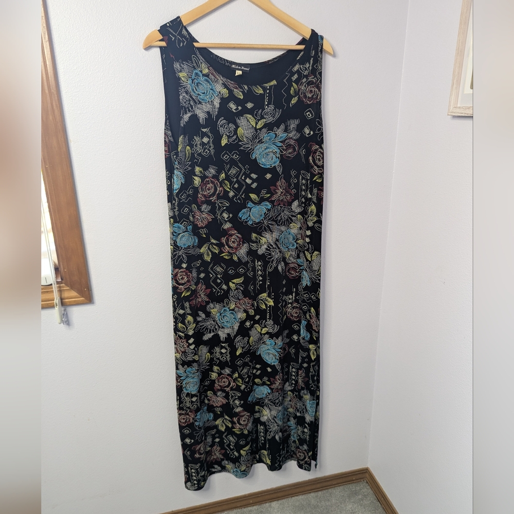 Made in Heaven Black Floral‎ Maxi Dress Size L, Stretch Acetate Knit